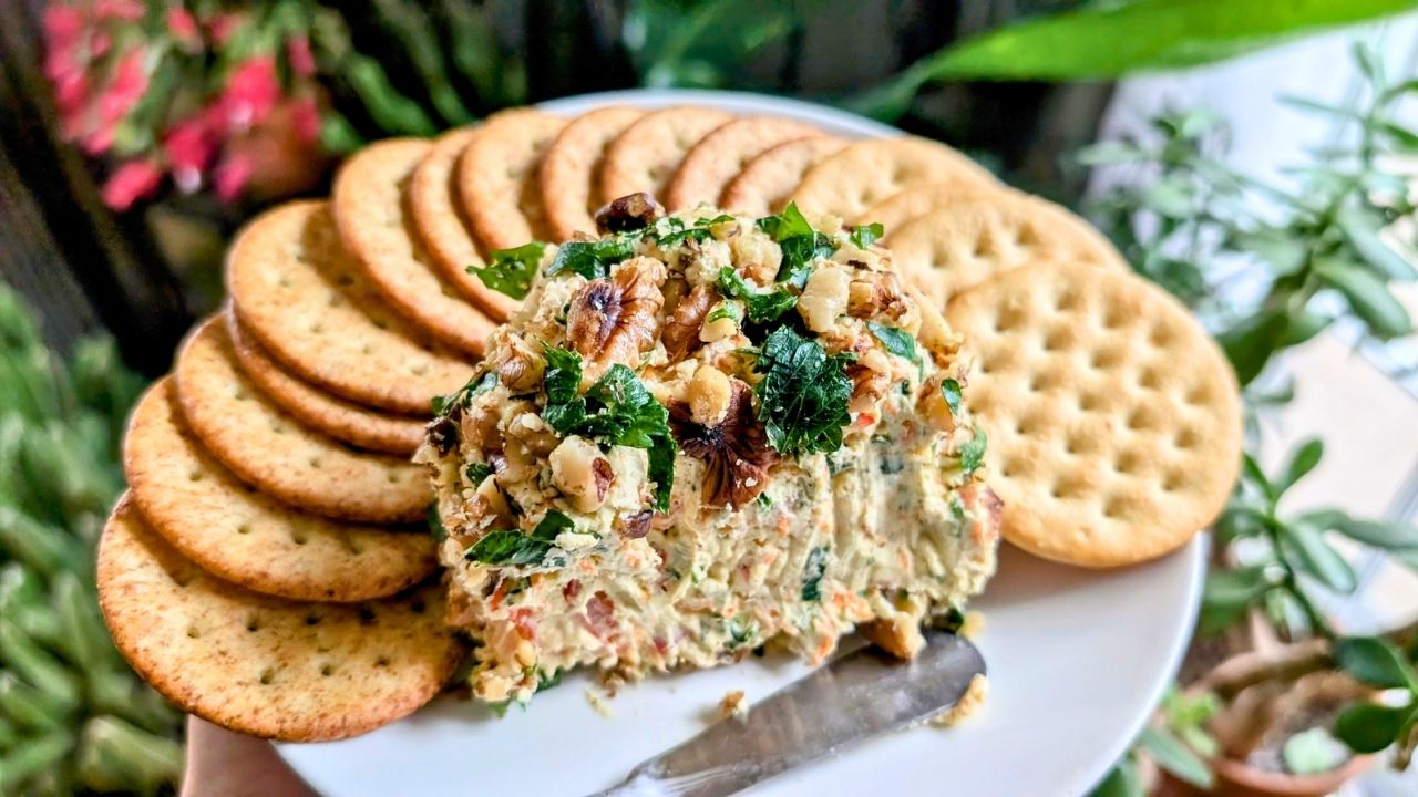 low sodium cream cheese ball covered in nuts for a low salt savory snack idea that tastes good