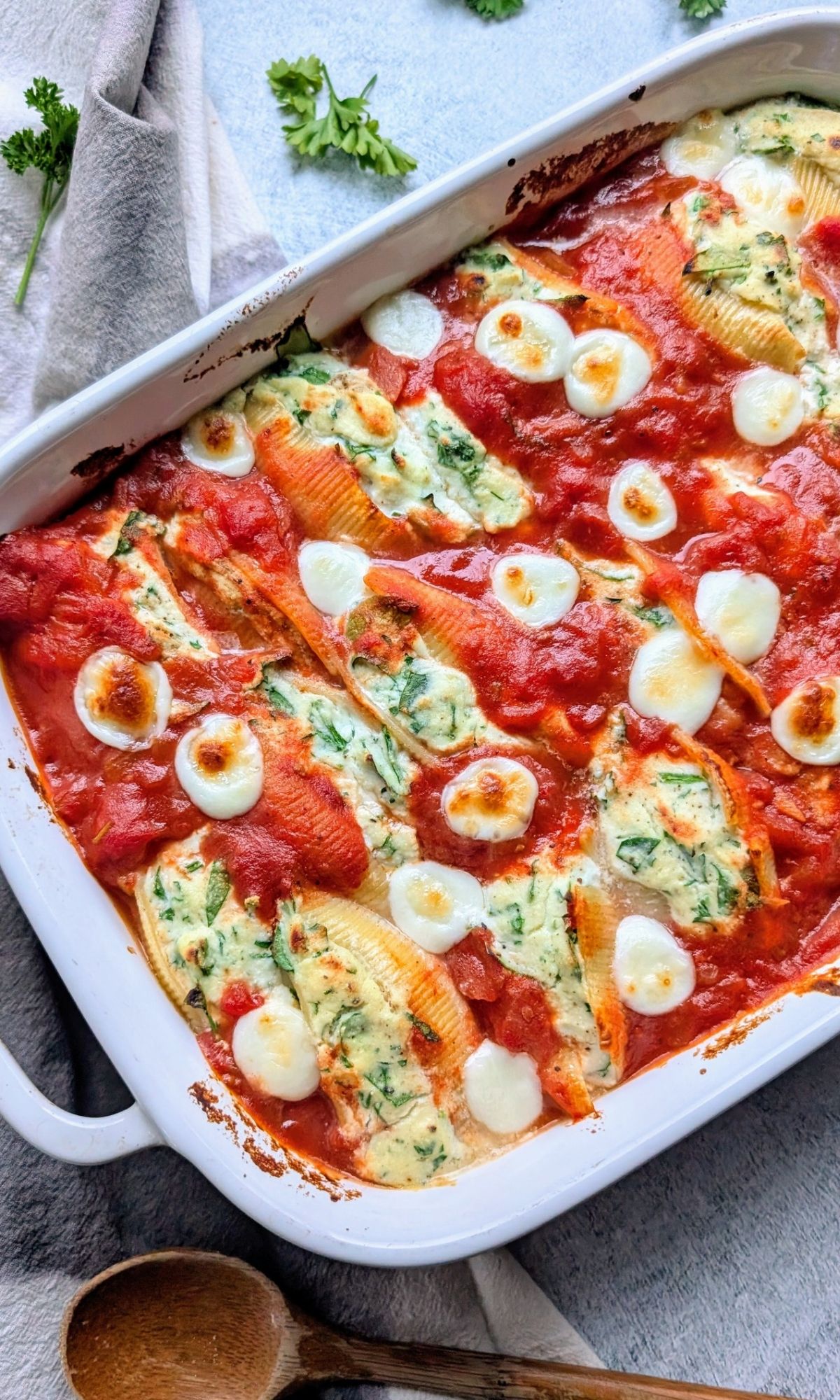 a baking dish of low sodium stuffed noodles for a low sodium holiday dinner with stuffed shells