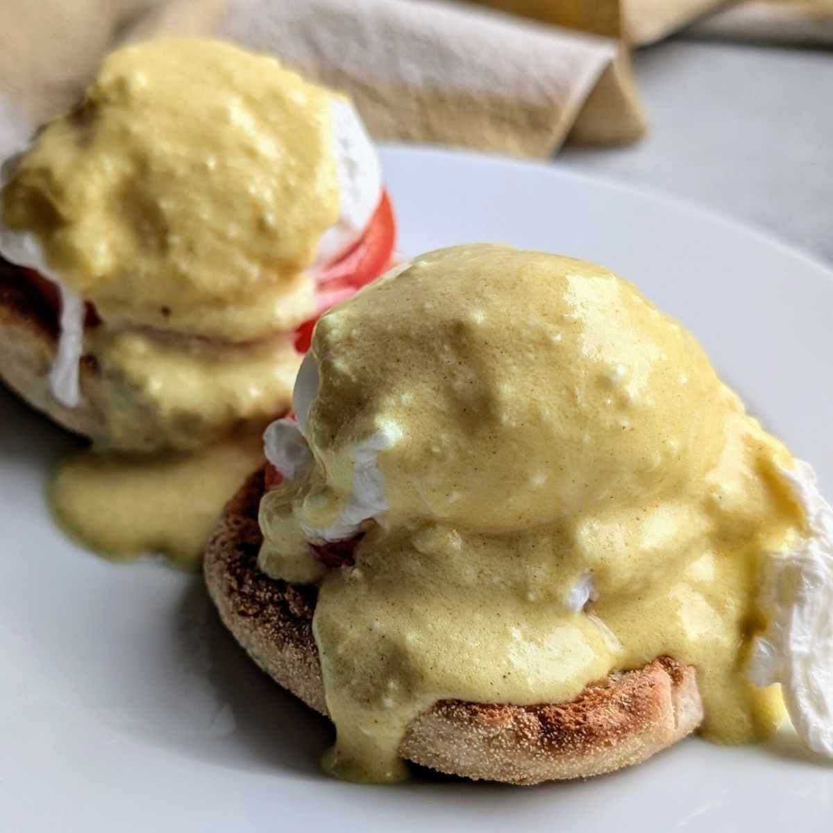 low salt Hollandaise sauce on top of poached eggs for low sodium brunch recipe