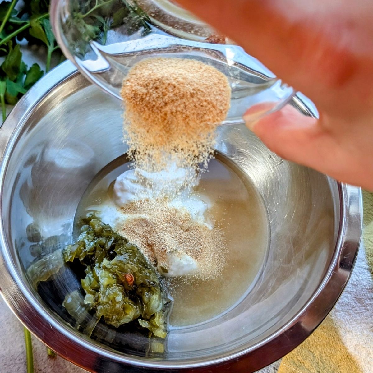 low sodium dressing for macaroni salad being mixed in a bowl.