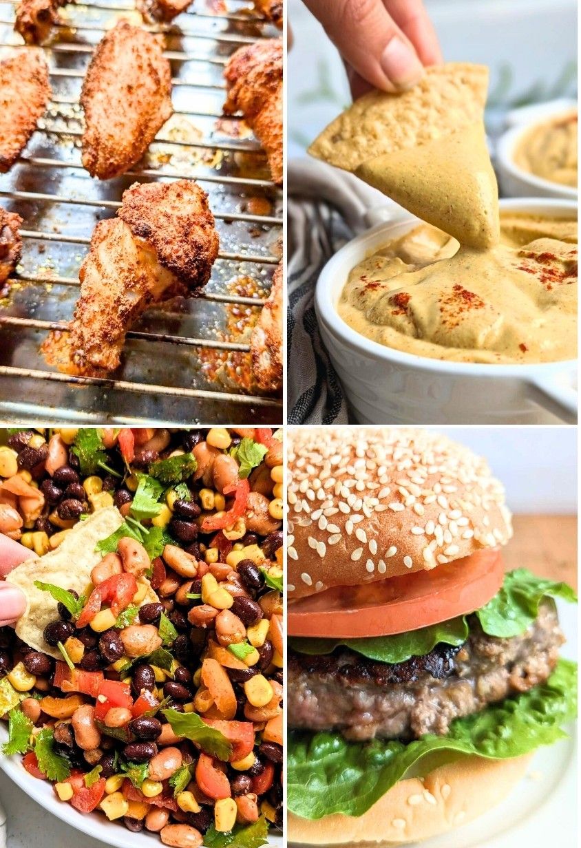 low sodium game day recipes like chicken wings, burgers, queso dip, and cowboy caviar bean dip