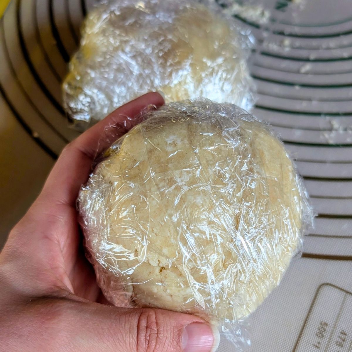 low sodium pie dough wrapped in plastic wrap refrigerated for later.