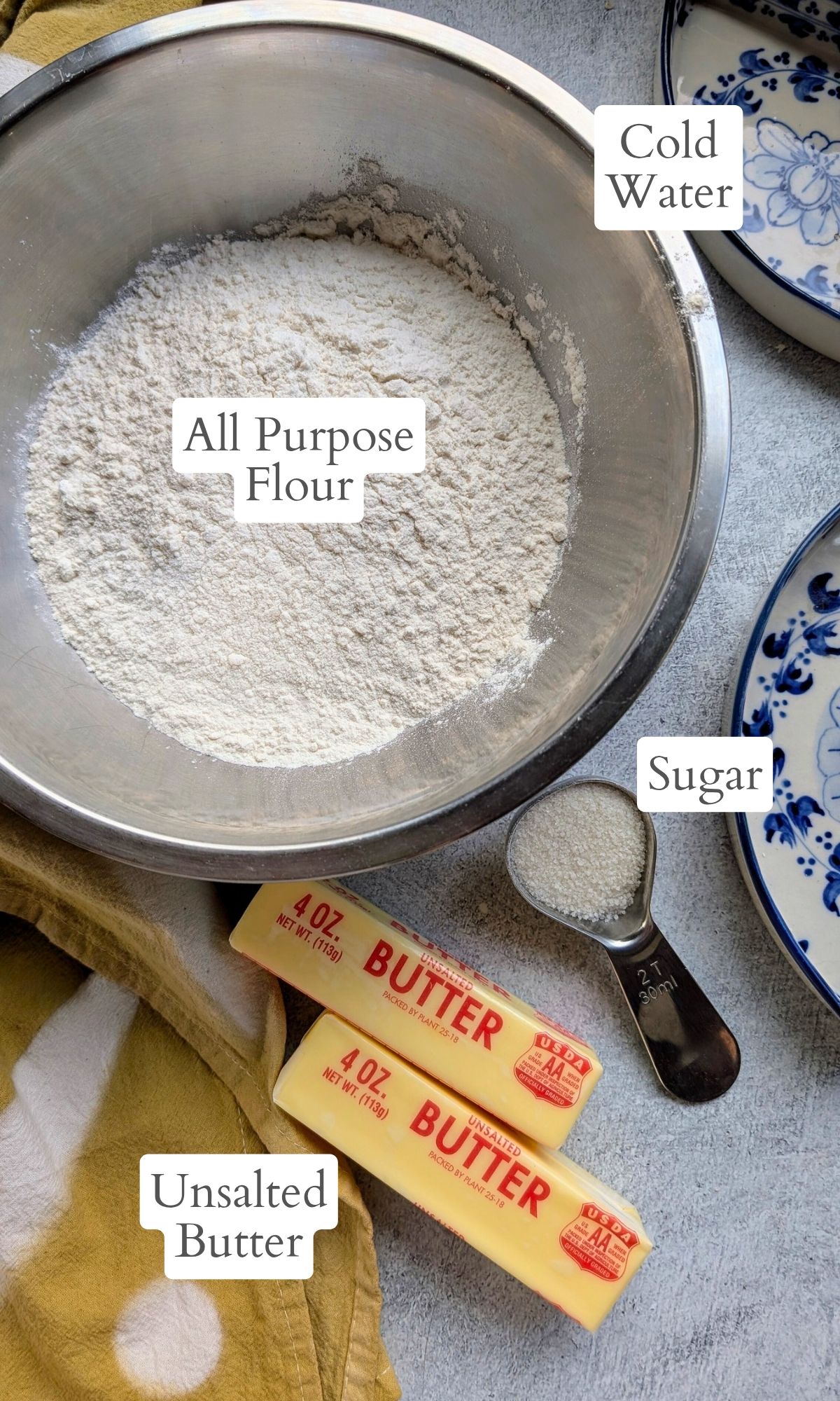 low sodium pie dough ingredients including all purpose flour, unsalted butter, and sugar, and cold water