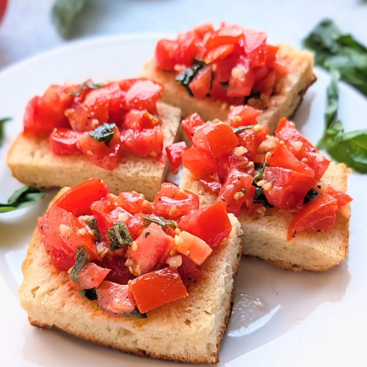 low sodium bruschetta recipe with tomatoes, garlic, and basil on low salt focaccia bread