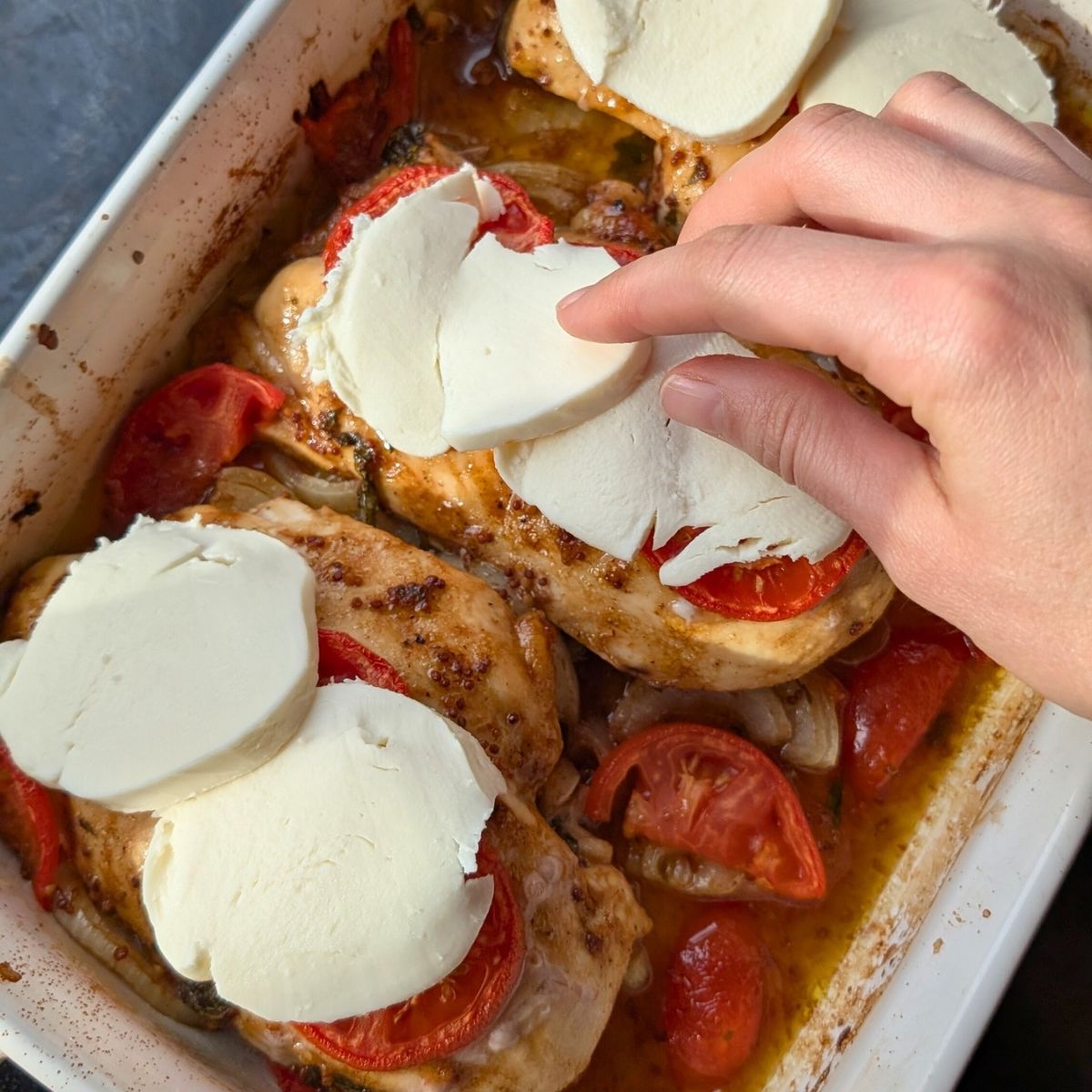 low sodium mozzarella sliced on baked chicken breasts for italian caprese chicken