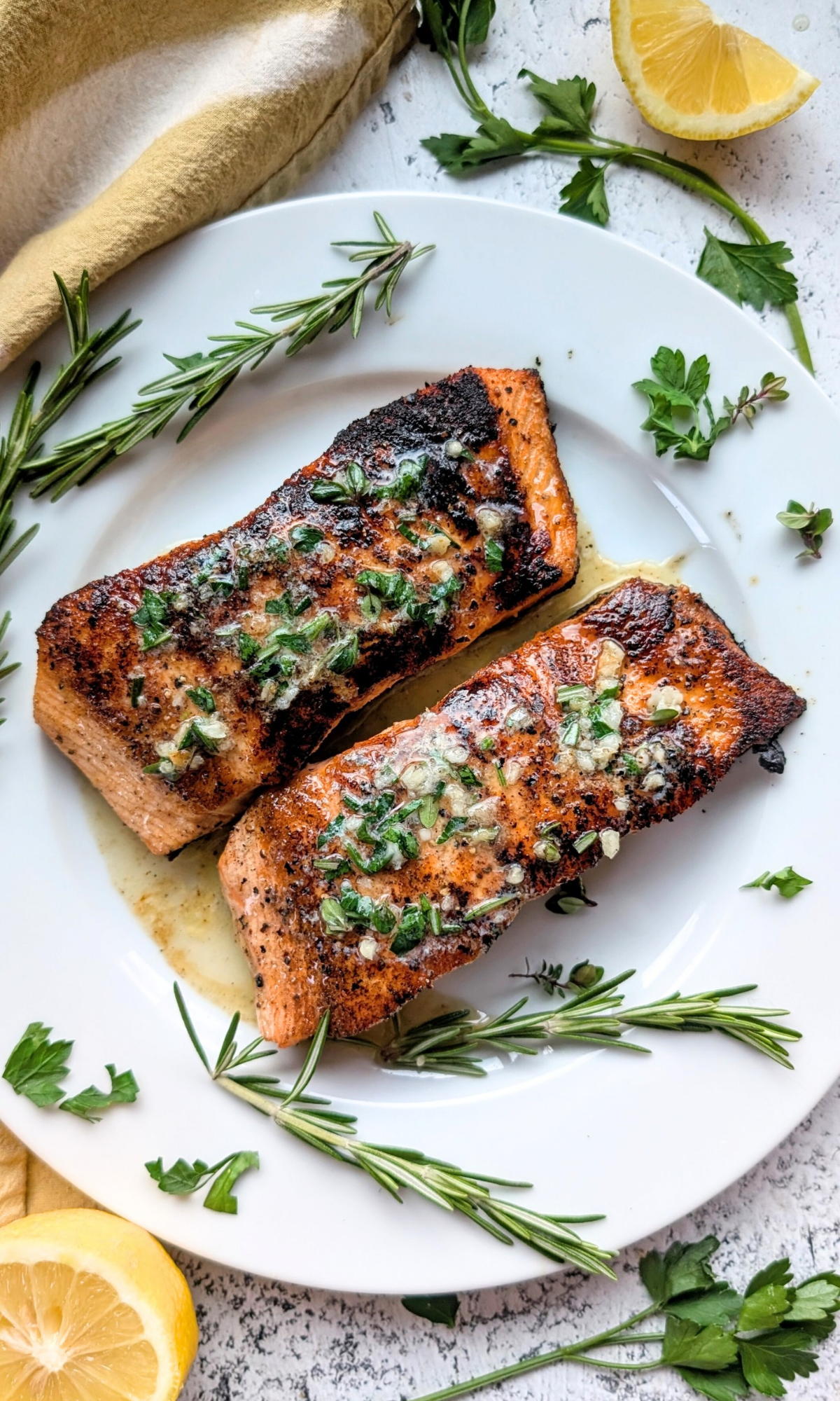 low sodium herb salmon with fresh garlic, butter, spices, and lemon juice.
