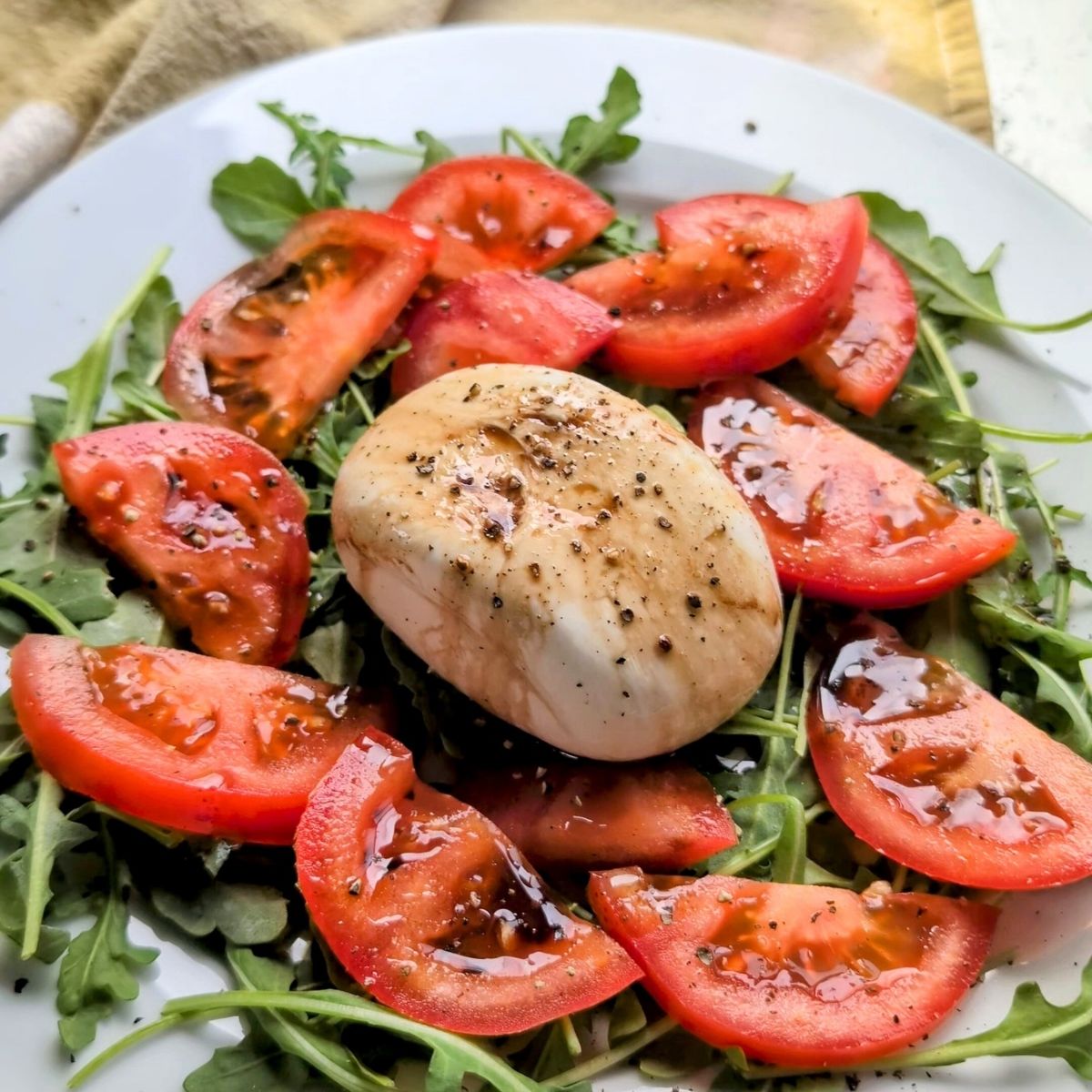 low sodium burrata salad recipe with balsamic vinaigrette and no salt added homemade dressing.