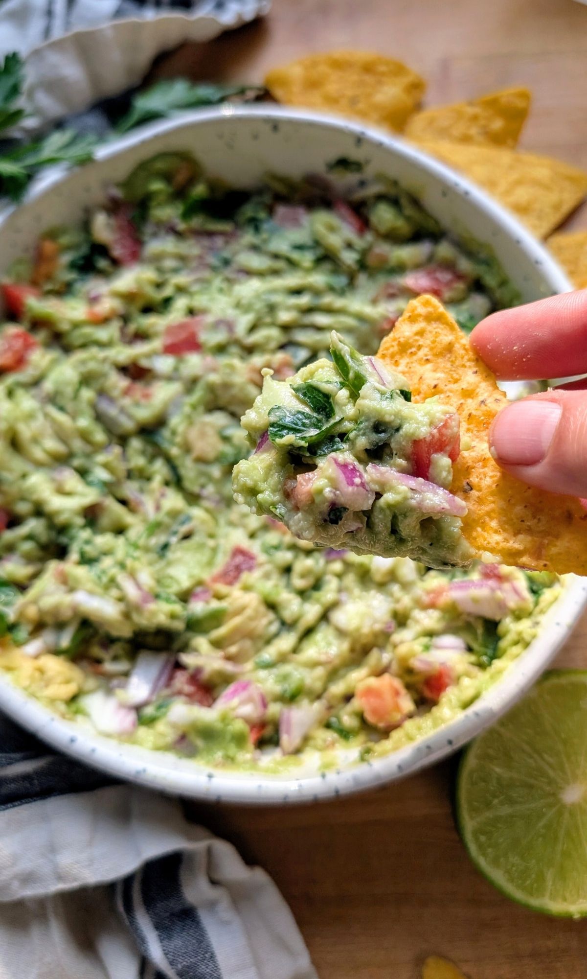 low sodium guacamole recipe with unsalted tortilla chips and no added salt.