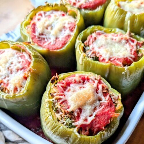 low sodium dinner ideas with peppers, beef, and rice baked in a casserole dish with cheese on top.
