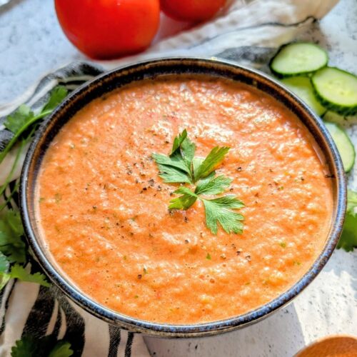 low sodium gazpacho recipe with tomatoes, cucumber, bell peppers, and parsley for a tasty no salt side dish.