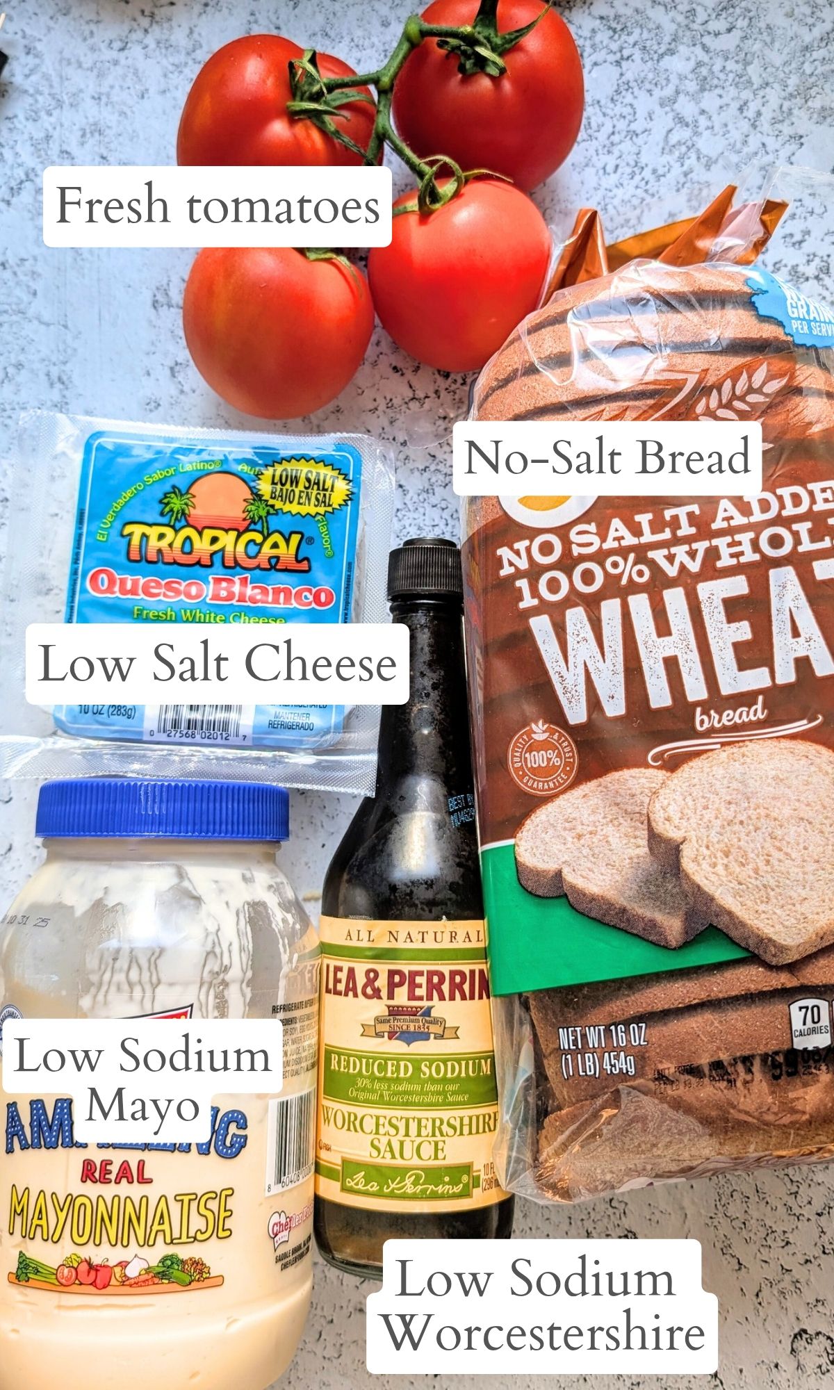 ingredients for low sodium sandwiches - like no salt bread, low sodium cheese, mayo, and low sodium worcestershier sauce.