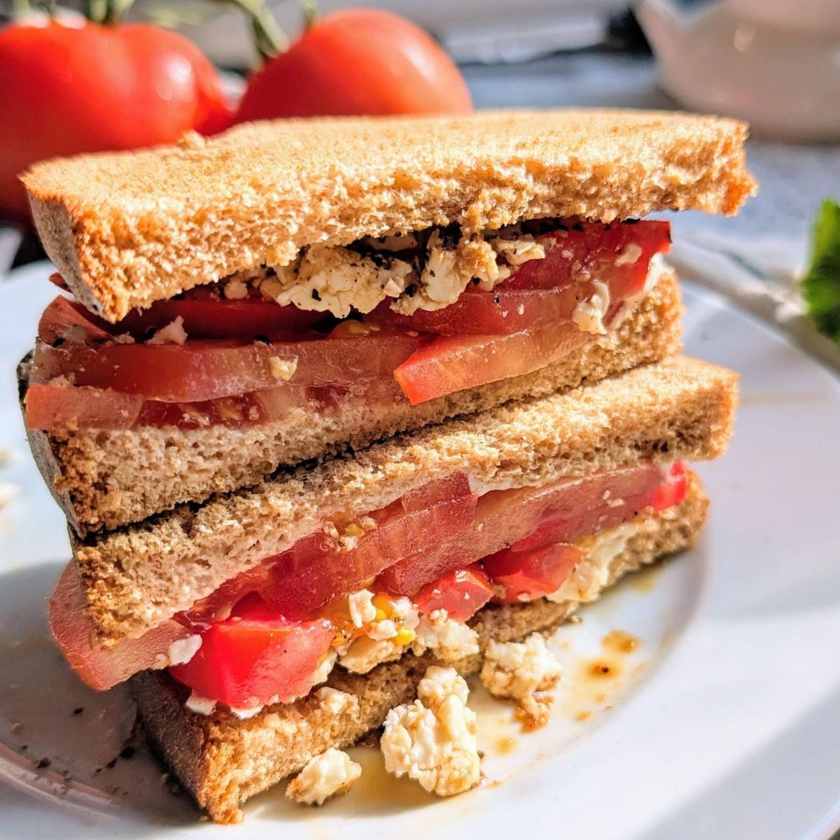 a low sodium sandwich recipe on a plate with tomatoes and cheese.