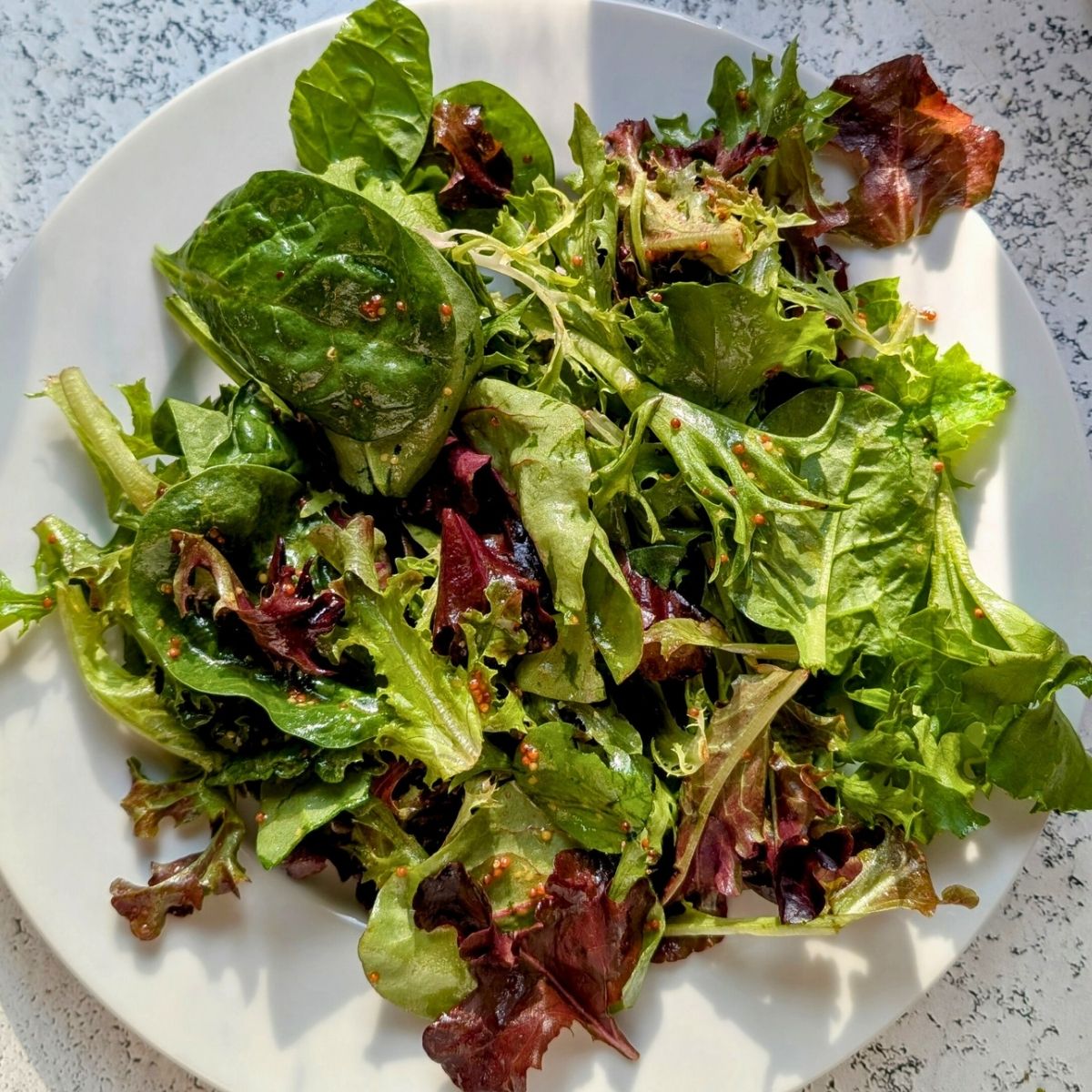 dressed salad greens on a plate tossed with low sodium vinaigrette dressing.