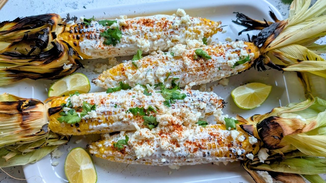 low sodium Mexican grilled corn recipe with cheese and fresh herbs.