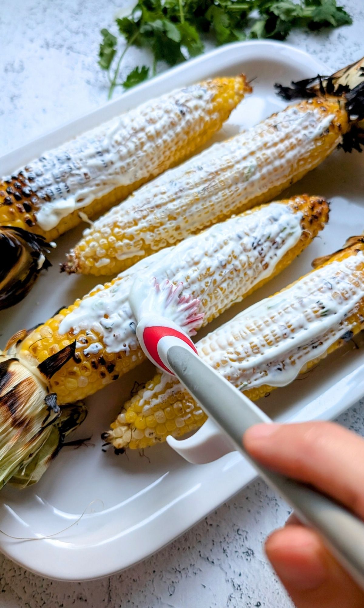 a brush coating grilled corn with sour cream and lime mixture to make low sodium corn side dishes.
