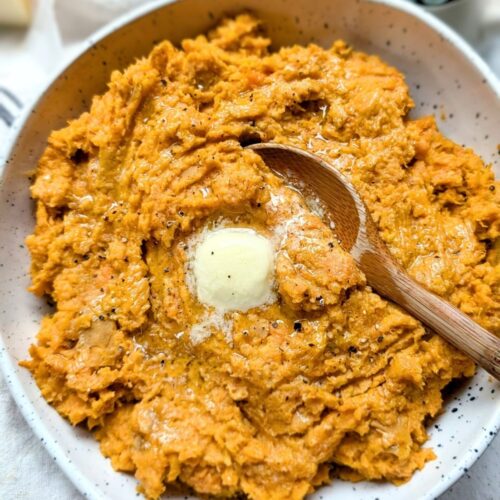 low sodium mashed sweet potatoes with unsalted butter, cinnamon, brown sugar, and black pepper