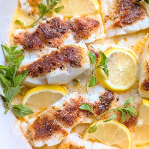 low sodium cod recipe baked with lemon and thyme and spices in the oven