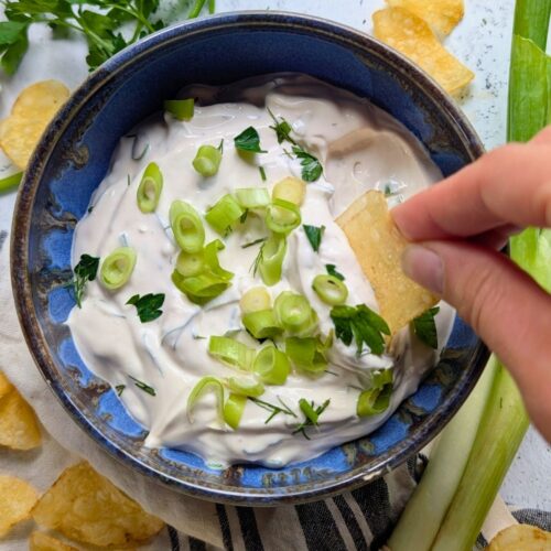 low sodium sour cream and onion dip recipe with green onions and fresh parsley and dill