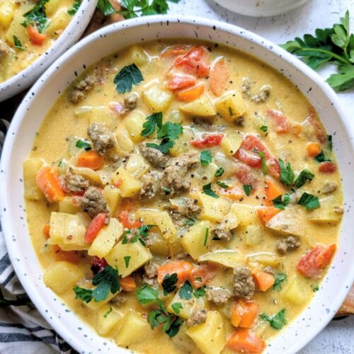 low sodium burger soup with potatoes carrots tomatoes and a creamy cheese broth