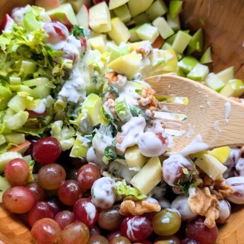 low sodium grape walnut and apple salad recipe with celery and yogurt dressing in a bowl.