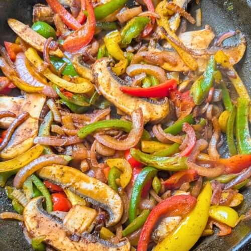 low sodium fajita vegetables in a pan with bell peppers onions and mushrooms