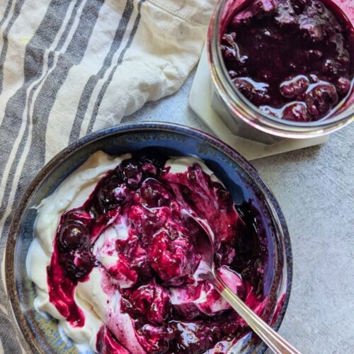 low sodium berry compote with yogurt in a bowl like syrup and jam
