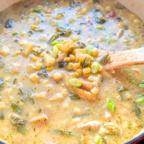 low salt chicken corn chowder recipe with chopped vegetables and potatoes in one pot
