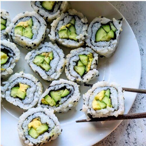 low sodium sushi rolls with cucumber and avocado rolled in salt-free sticky rice